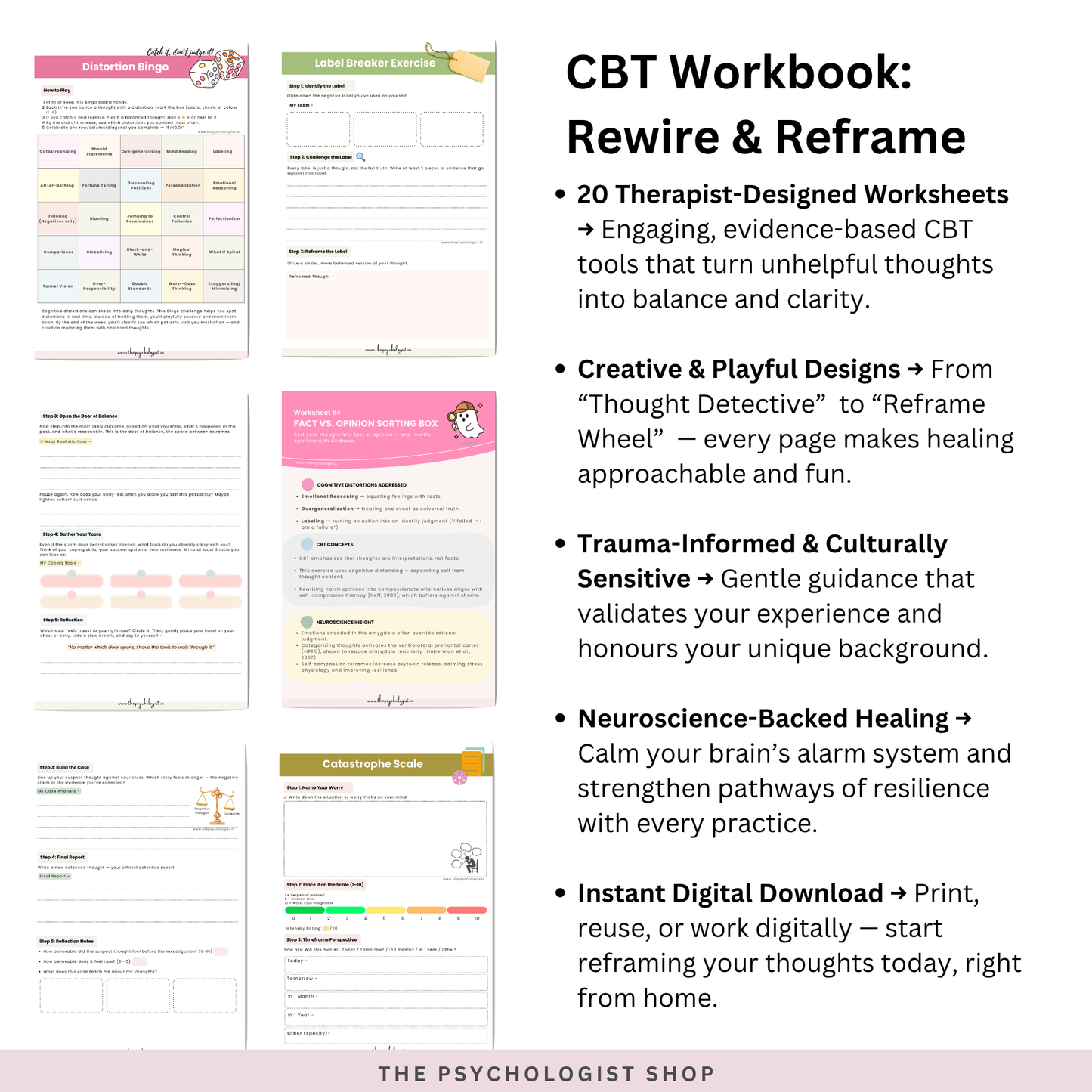CBT WORKBOOK - REWIRE AND REFRAME : 20 Therapist-Designed Worksheets to Calm Anxiety, Challenge Distortions & Build Resilience