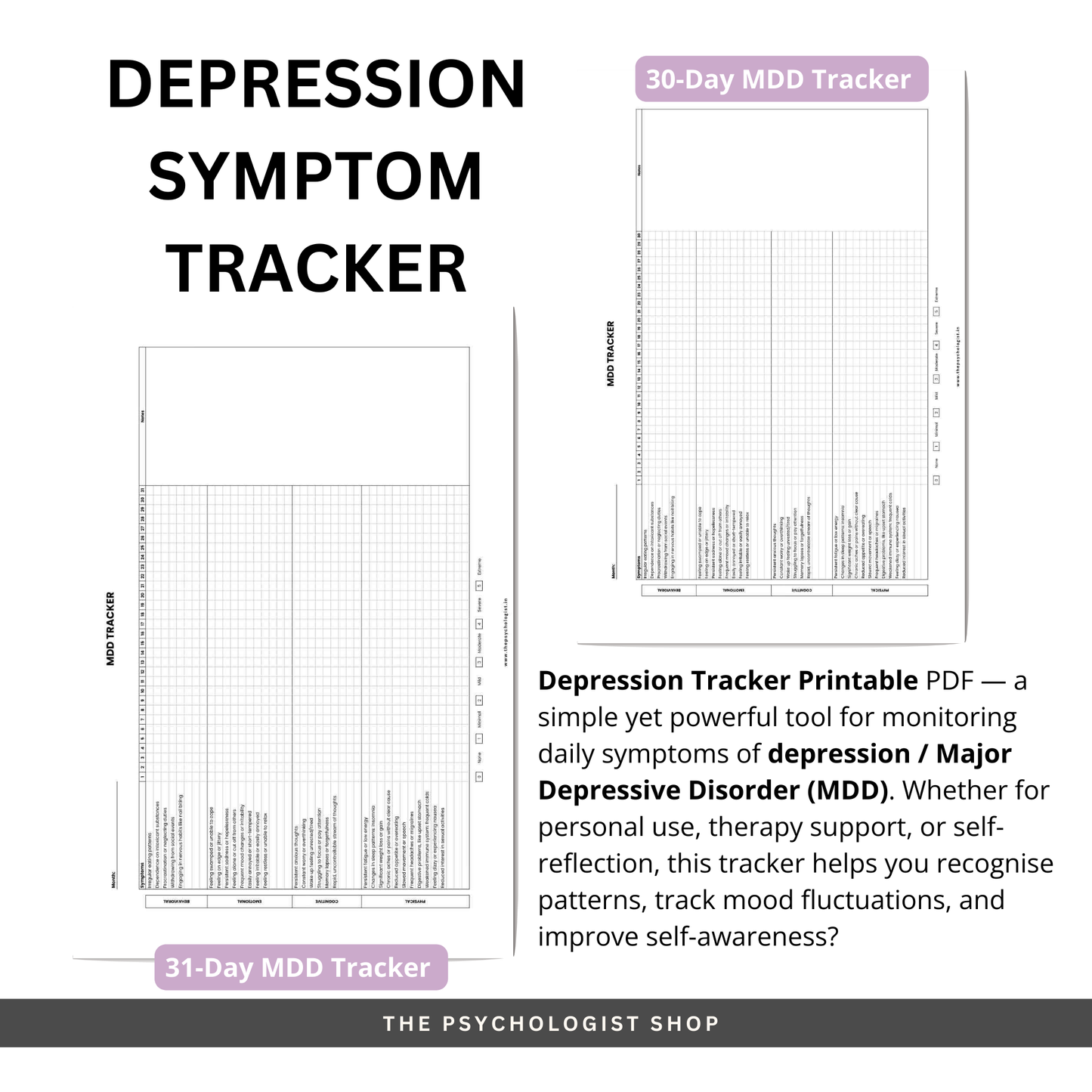 Depression Tracker PDF | Daily Symptom & Mood Log | Printable MDD Worksheet | Mental Health & Self-Care Journal | 30 & 31 Day Templates