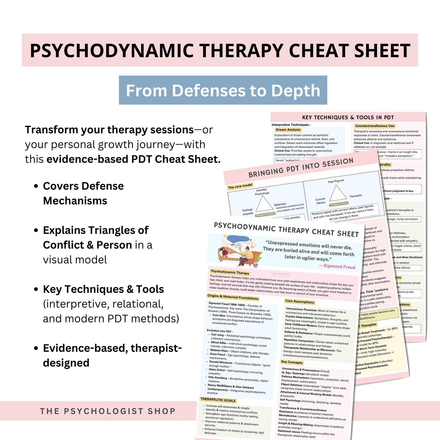 Psychodynamic Therapy Cheat Sheet | PDT Cheat Sheet | Psychodynamic Theory and Analysis Resource | Therapy Tools | ThePsychologistShop |