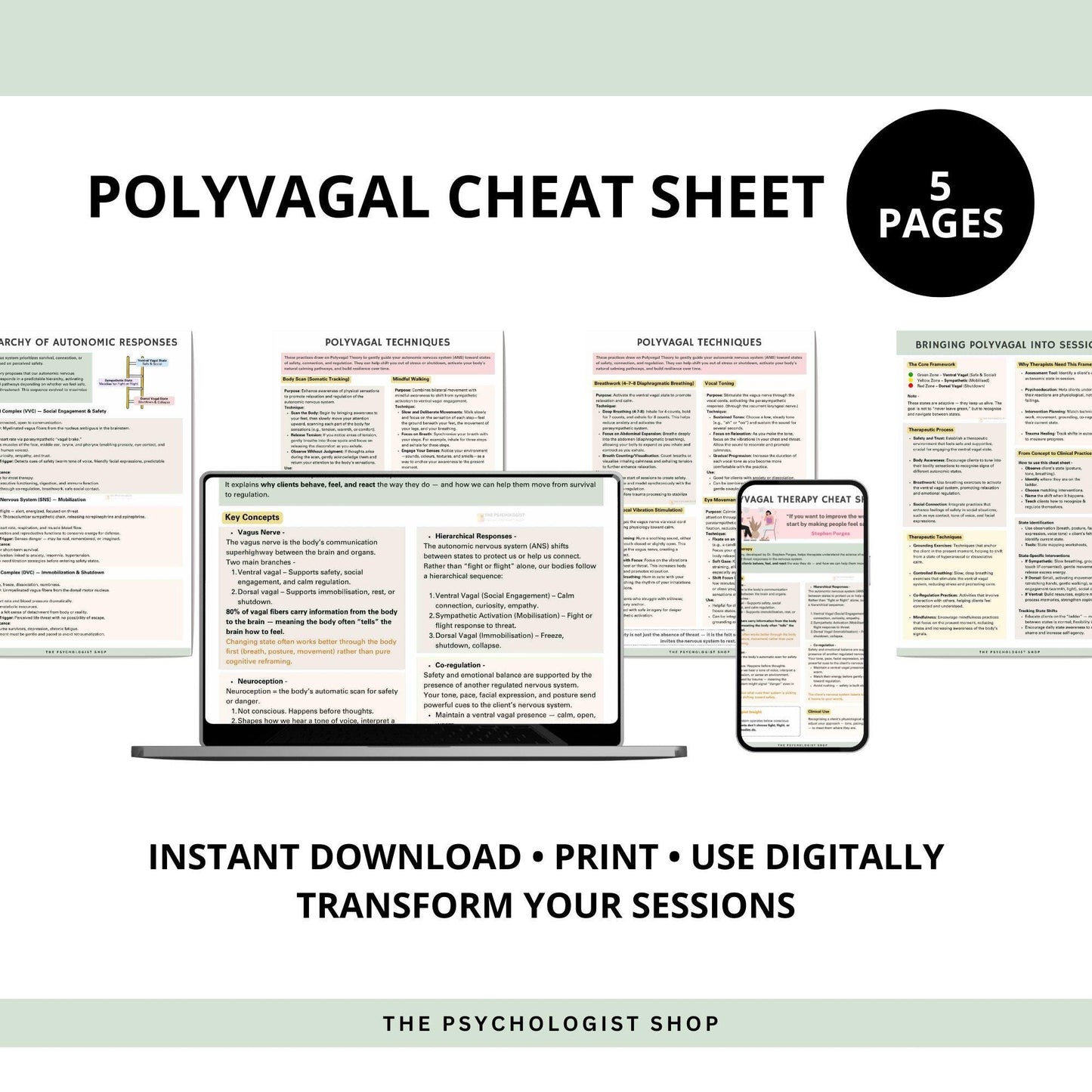 Polyvagal Theory Cheat Sheet – Nervous System Regulation & Trauma Therapy Resource