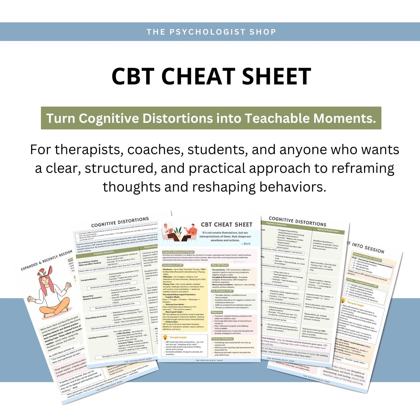 CBT Cheat Sheet | Therapy Worksheets PDF | Cbt Print Bundle | Therapist Tools | Counseling Resources | CBT Coping Skills Therapy Bundle |